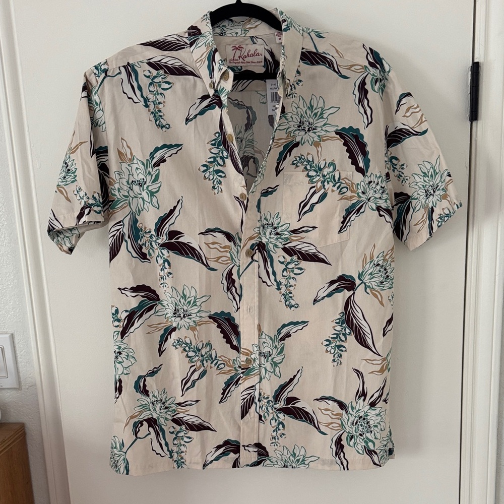Kahala Cream and Green Floral Button Down Shirt Hawaiian Shirt Aloha Shirt
